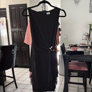 Chic Elegant Black Midi Dress with Gold Detail